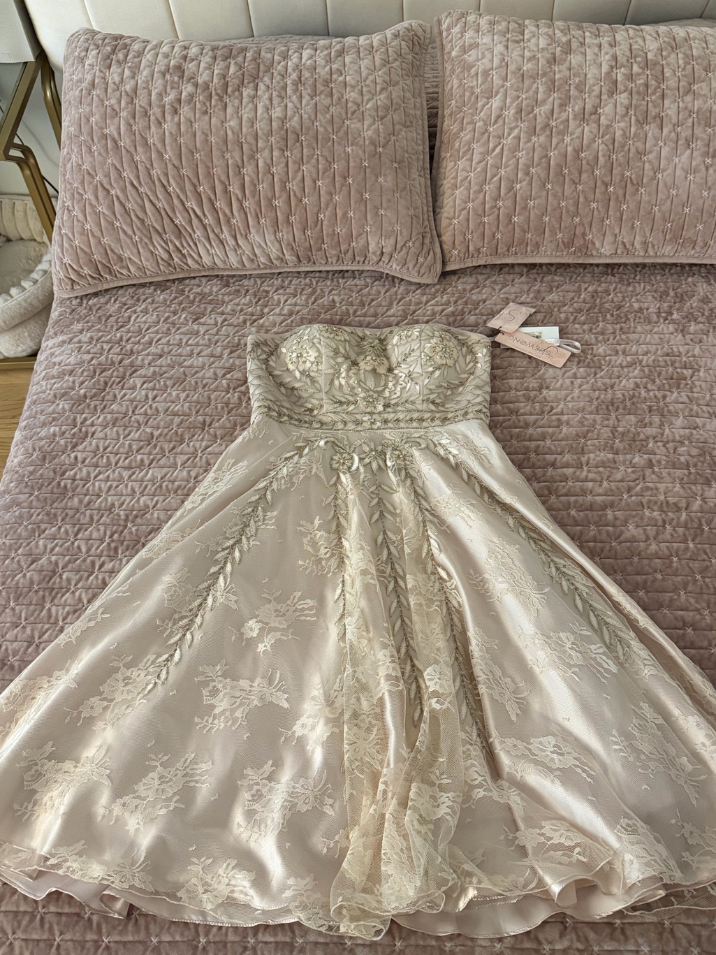 Sue Wong Strapless Lace-Embroidered Kids Dress In Champagne Gold